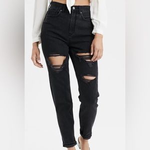 American Eagle Distressed Mom Jeans in Gray / Washed Black